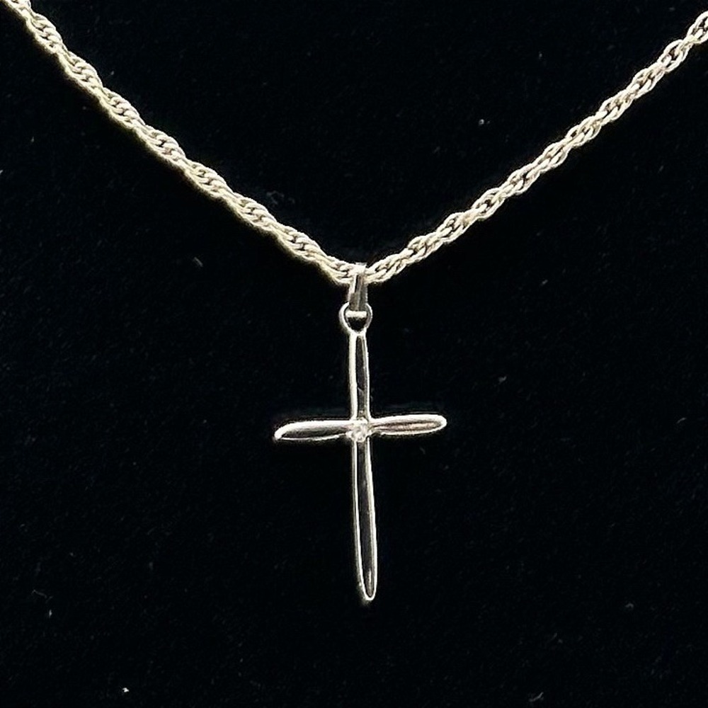 Vintage H.F.B. Unisex Cross Necklace 18" 925 Sterling Silver Gemstone Religious